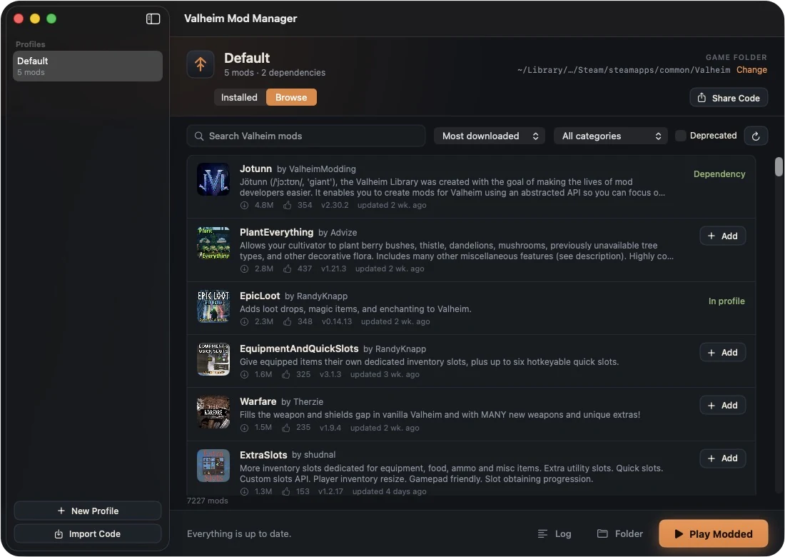 The Browse tab listing Valheim mods from Thunderstore with download counts, ratings and Add buttons.